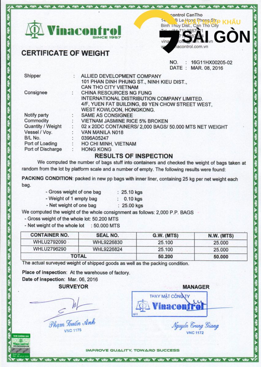 nghiep vu xuat nhap khau Giay Chung Nhan So luong Chat luong Trong luong